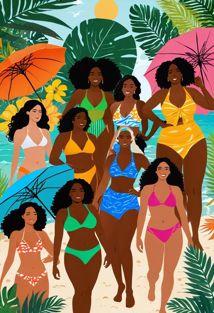 A radiant summer scene featuring diverse individuals of varying body types confidently flaunting trendy swimwear on a sun-kissed beach, with playful waves lapping at the shore. Lush tropical plants and colorful beach umbrellas in the background, evoking a sense of joy and body positivity. A bright sun radiates warmth and happiness, emphasizing self-love. vibrant colors. tropical art style.