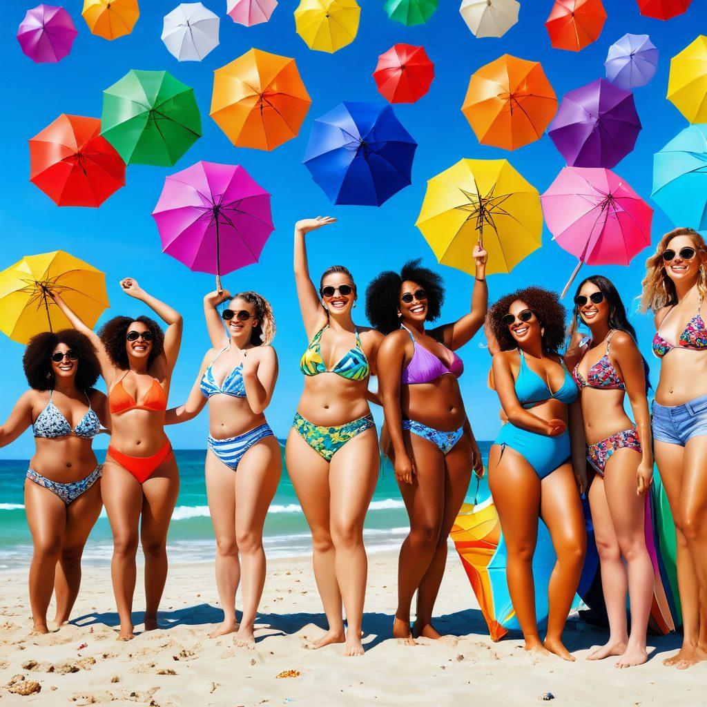 A diverse group of confident beachgoers of various body types joyfully displaying their unique styles and swimwear on a sunny beach, with vibrant beach umbrellas and crystal-clear waves in the background. The atmosphere is lively and inclusive, celebrating body positivity with bright summer colors and expressive poses. super-realistic. vibrant colors. sunny setting.